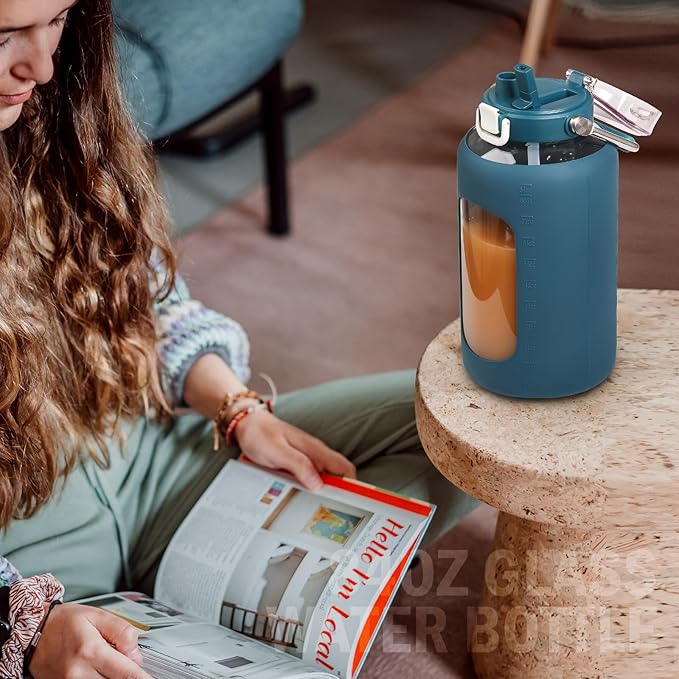 BLUEGO 84oz Water Bottle Glass with Stainless Steel Handle Large 2.5l Water Bottle with Time Markers and Silicone Sleeve Half Gallon Water Jug BPA Free for Gym Daily Use, Dark Blue
