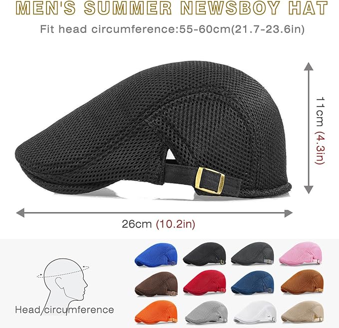 2 Pack Men's Mesh Cap Breathable Summer Newsboy Hat Adjustable Beret Ivy Cap Irish Cabbie Driving Hunting Hats