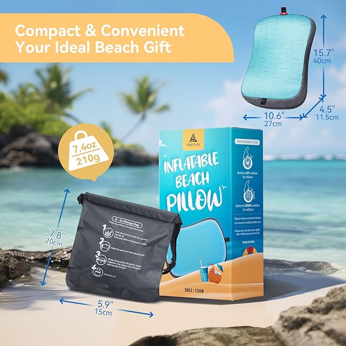Hikenture Beach Pillow for Sand 2-Pack, Washable Inflatable Pillows for Pool, Portable Camping Pillows with Removable Cover, Soft Air Sand Pillow Built-in Sandbag
