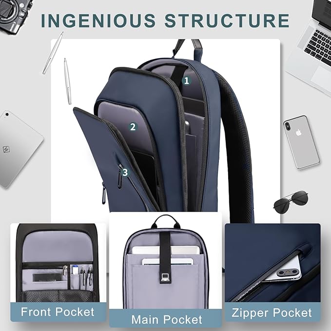 hk Backpack for Men Business Slim Backpack with USB Charger Computer Lightweight Anti-theft Travel (Dark Blue, 17.3 Inch)