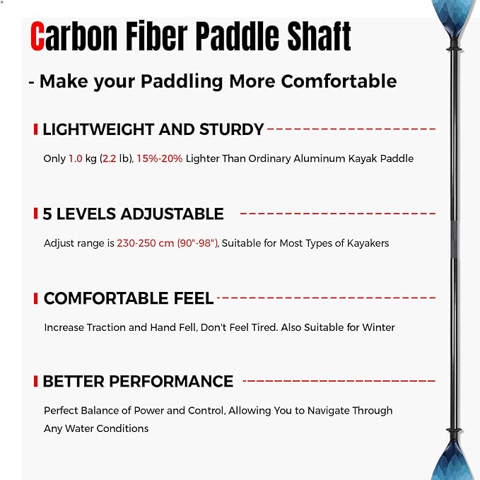 Kayak Paddle Carbon Fiber Shaft and Reinforced Nylon Blade, Adjustable Kayaking Oars, 3 Piece, 230-250 cm/90-98 Inches,210-230 cm/82-90 inches