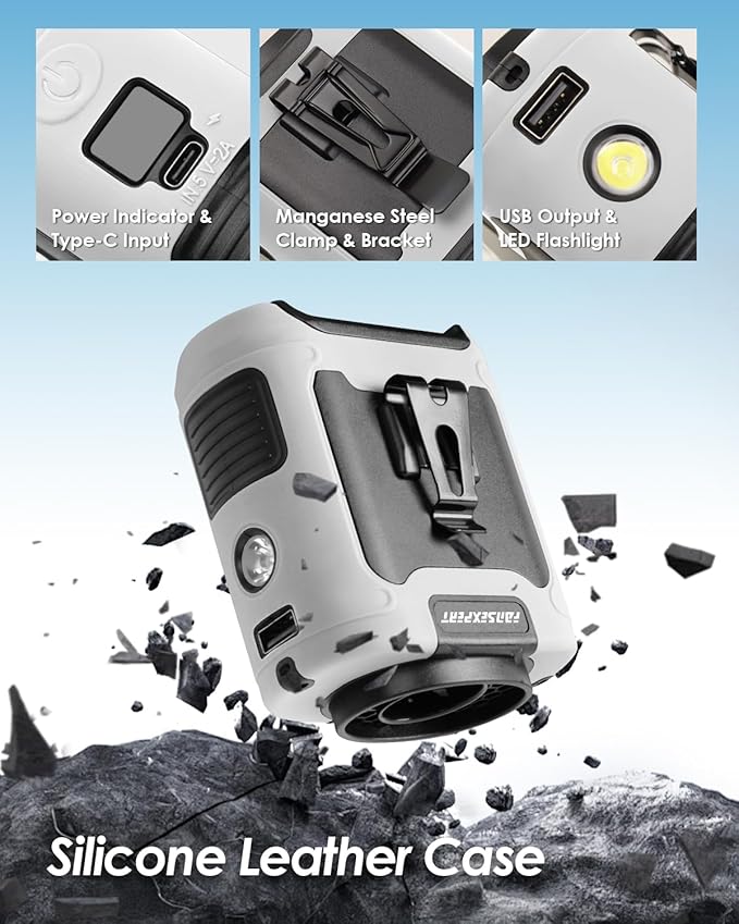 Portable Waist Fan Clip on, Personal Wearable Belt Fan 10000mAh Rechargeable Battery Under Shirt,5 Speeds with light, Neck Fan Hands-Free Cooling For Outdoor Camping Travel (White)