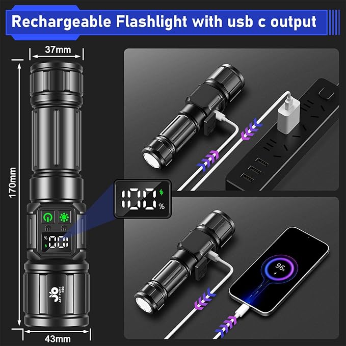 JAY-PARK Flashlights High Lumens, Rechargeable Flashlight 10000 Lumens with Magnetic, Bright Flash Light 9 Modes with 5000 mAh Battery, Tactical Flashlight for Camping, Hiking, Dog Walking