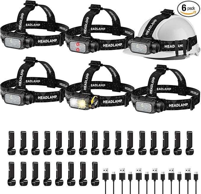 iToncs Rechargeable Headlamp Super Bright High Lumens, 6Pack LED Head Lamp with 5 Modes, 120° Adjustable Head Lights for Forehead, Waterproof Hard Hat Headlamp for Adults Camping Hunting Hiking