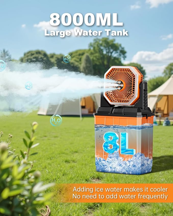Portable Misting Fan, Rechargeable Outdoor Cooler, Battery Operated Personal Fan with3 Speeds & 8L Bucket for Patio, Camping,Hiking, Backyard, Travel, Desk,Pool, Beach