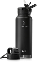 IDEUS Insulated Stainless Steel Water Bottle with 2 Leak-Proof Lids, Thermal Water Flask for Hiking Biking, 40oz, Black