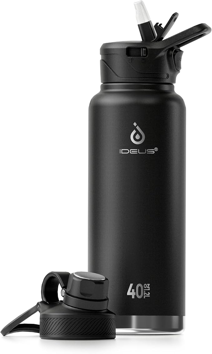 IDEUS Insulated Stainless Steel Water Bottle with 2 Leak-Proof Lids, Thermal Water Flask for Hiking Biking, 40oz, Black