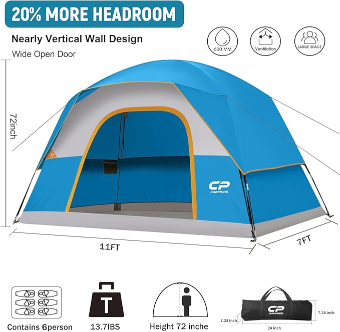 CAMPROS CP Tents for Camping 6 Person Tent Waterproof Windproof Double Layer Family Camping Tent, Easy Setup Dome Tent with Large Mesh Windows & Wider Door for Outdoor Camping & Hiking