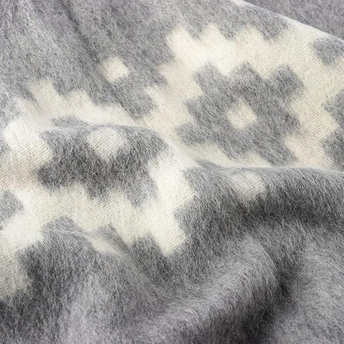 Thick Alpaca Wool Blanket Heavyweight Camping Outdoors Indoors Soft Peru King Size Ethnic Design (Soft Gray - Ivory, King Size)