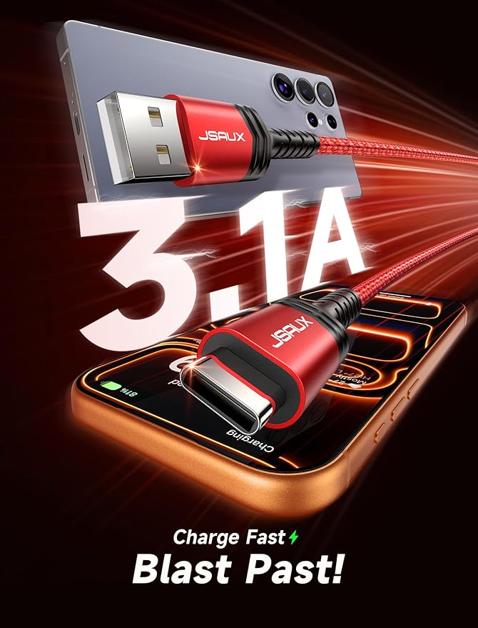 JSAUX USB C Cable [3-Pack 6.6ft], USB A to USB Cord Fast Charging for iPhone Air, iPhone 17, iPhone 17 Pro, iPhone 17 Pro Max, iPhone 16/iPhone 15 Series, Samsung S20 S10, Note 20 10, Car Play - Red