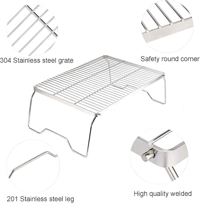 ZORMY 17" Large Folding Campfire Grill, 304 Stainless Steel Firepit Grill Grate, Heavy Duty Portable Camping Grill with Carrying Bag, Gas BBQ Grill Grate for Backpacking, Hiking, Picnics (Large)