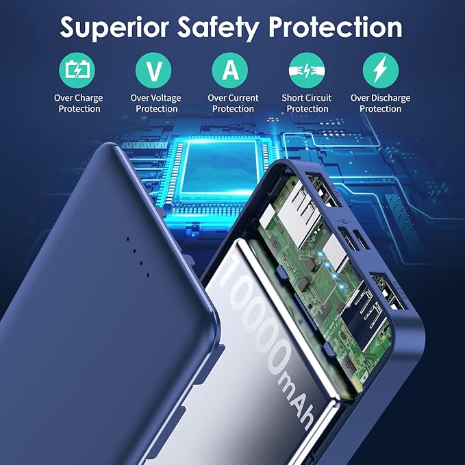 [2 Pack] Portable Charger Power Bank 10000mAh,Ultra Slim Compact External Battery Pack with USB C Input & Output Backup Charger Compatible with iPhone 16/15/14/13, Galaxy S24,Android etc-Blue+White