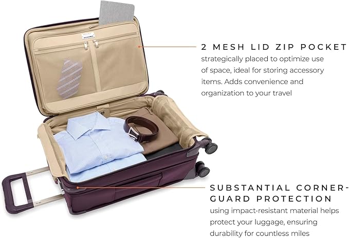 Briggs & Riley Essential 22" Carry On Expandable Spinner - Luggage for Travel, Suitcases with Wheels, Softside Rolling Bag for Men & Women, Self-Repairing Zipper - Baseline Collection, Plum