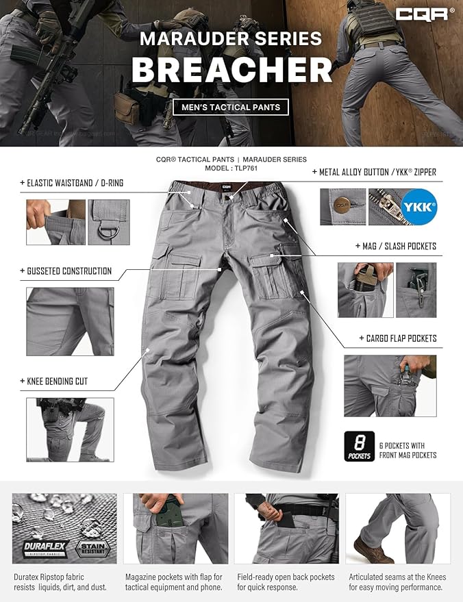 CQR Men's Flex Ripstop Tactical Pants, Water Resistant Stretch Cargo Pants, Lightweight EDC Hiking Work Pants