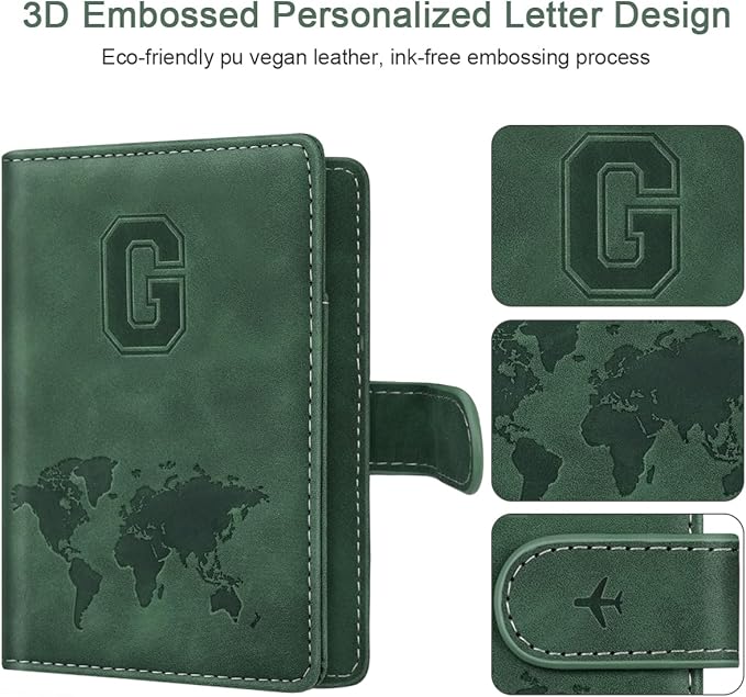 Personalized G Passport Holder Cover Initial Letter Travel Wallet RFID Blocking Passport Cover Credit Card Holder Case Passport Book Holders for Women and Men, Pine Green-G