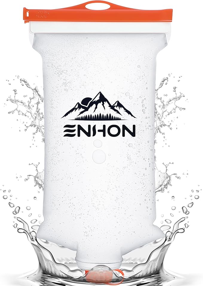 Enhon 2L Water Bag for Hiking Compatible with 28mm Sawyer Water Filter, Durable TPU Material Collapsible Bladder for Camping Fishing or Traveling, PVC Free Squeeze Pouch