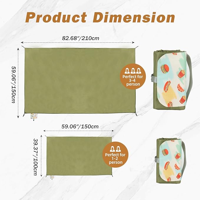 Picnic Blanket Waterproof – Packable Sand Proof Beach Blanket (0.42lb/0.66lb), Compact & Foldable, Fits in Pocket with Integrated Stakes, Ideal for Camping, Hiking, Travel, Concert, Festival