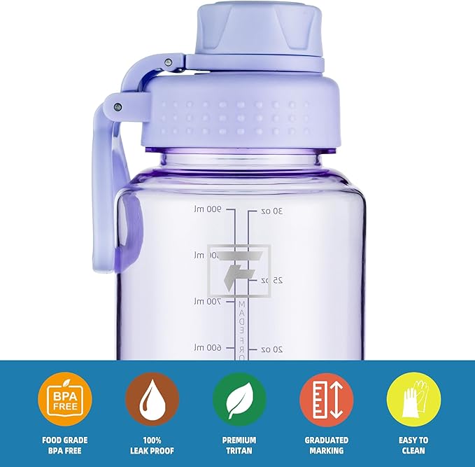 Fanhaw 32 oz Clear Water Bottle with Fast-Flow Spout Lid, BPA-Free Tritan, Wide Mouth, Leakproof, Reusable Bottle for Gym, School, Office, Travel (Amethyst)