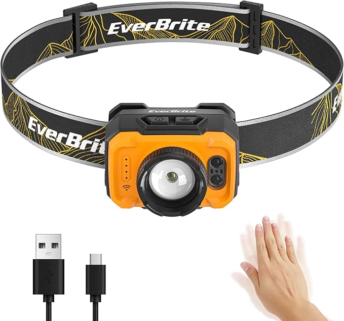 EverBrite 600 Lumen Headlamp, Rechargeable Headlight with 4 Modes, Super Bright Head Lamp with Spotlight & Floodlight, Motion Sensor, Memory Function for Camping, Hiking-Orange