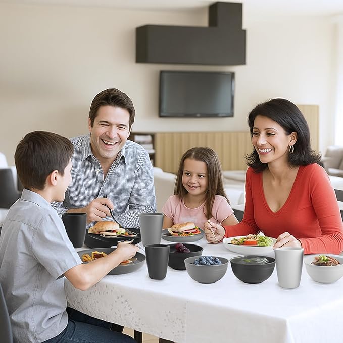 12pcs Unbreakable Camping Dinner Set, 4 Person Set, Reusable, Microwave & Dishwasher Safe, Modern Durability, White, Gray, Dark Gray, Black