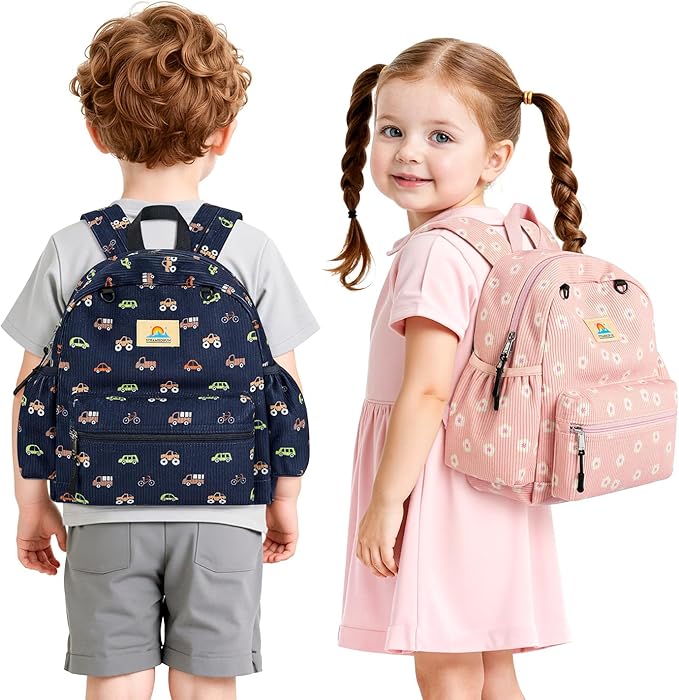STEAMEDBUN Corduroy Toddler Backpack for Boys 2-4: Kids backpack for Boys Girls - 12 inch Preschool Kindergarten Backpacks - Car