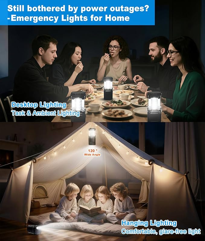 Camping Lantern Rechargeable, Solar & USB C Powered 2-in-1 Flashlight &Tent Light, Emergency Camping Light, Hanging Lanterns for Power Outages, Black 4 Pack