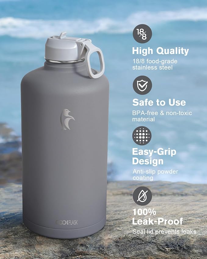 Coolflask 128 oz Gallon Water Bottle Insulated with Straw&3 Lids, Water Jug Large Stainless Steel Metal Vacuum Wide Mouth for Sports, Gym or Office, Non-BPA Keep Cold 48H Hot 24H, Dark Grey