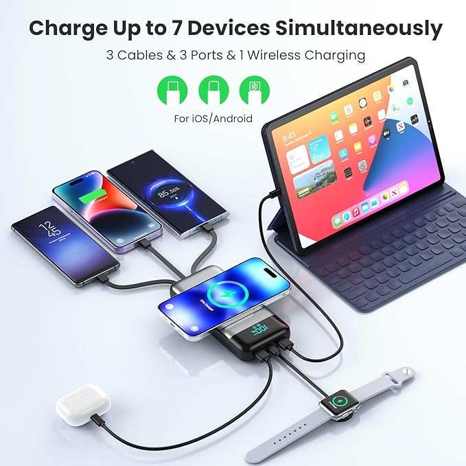 Wireless Portable Charger 40800mAh for iPhone with 3 Built-in Cables,7-in-1 15W Wireless Charging USB C Power Bank,LCD Display 25W PD QC 4.0 Fast Charging Battery Pack for iPhone 16/15/14,Android etc