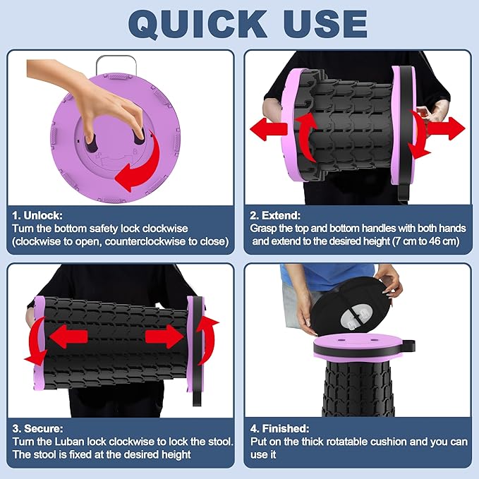 ALEVMOOM 2025 Upgraded 18.1" Collapsible Stool with Cushion & Carry Bag, 600lbs Max Weight Portable Telescoping Stool, More Sturdy Lightweight Retractable Seat Folding Chair for Camping & Outdoors