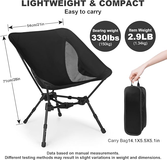 MINGPINHUIUS Portable Folding Camping Chair: Lightweight Height Adjustable Camping Chairs Stable Supports 330 Lbs with Side Pockets for Outdoor Camp, Travel, Beach, Lawn (Black)