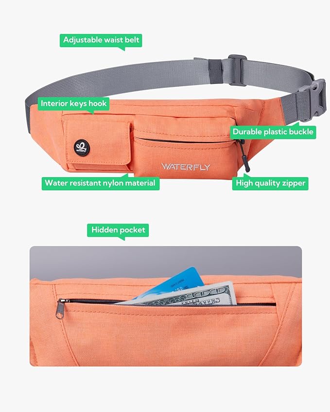 WATERFLY Fanny Pack Slim Soft Polyester Water Resistant Waist Bag Pack for Man Women Carrying iPhone 8 Samsung S6 (Orange)