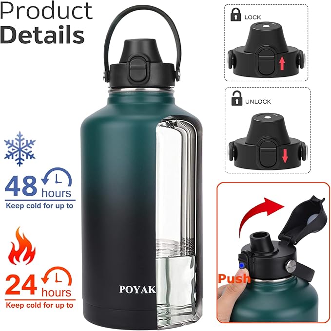 Water Bottle Insulated 32oz 40oz 64oz 128oz Straw Lid Spout Lid & 3 Lids, Leak Proof, Vacuum Insulated,Stainless Steel Water Bottle Wide Mouth for Sports, Gym or Office