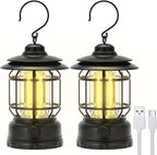 LED Camping Lanterns Rechargeable Portable, Vintage Style Tabletop Lantern, Stepless Dimming, Waterproof - Black, 2 Pack for Camping, Hanging Tent Light, and Power Outages