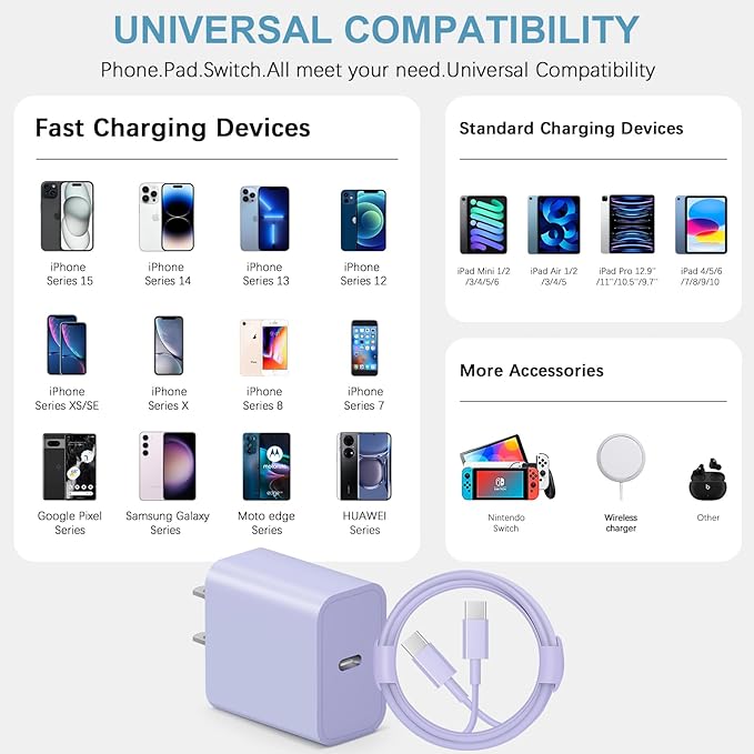 10FT iPhone 17 16 15 Charger Fast Charging USB C Charger Block Type C Chagrer Fast Charging 2-Pack for iPhone 17/17 Plus/17 Pro/17 Pro Max/iPhone 16/16 Plus/16 Pro/16 Pro Max/15/15 Pro Max(Purple)