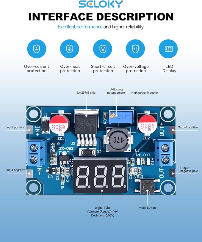 LM2596 DC-DC Buck Power Converter Module, Adjustable Voltage Regulator 4-40V to 1.25-37V Buck Converter with LED Voltmeter Display (Pack of 6)