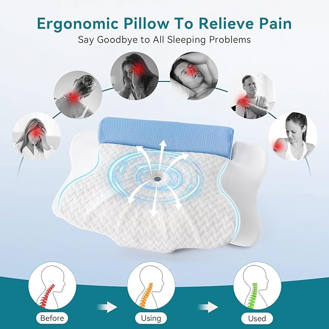 Cervical Pillow with Removable Neck Roll 2-in-1,Orthopedic Memory Foam Pillow for Side, Back & Stomach Sleepers, Ergonomic Traction Support for Neck Shoulder Back Pain Relief, Sleeping Comfort