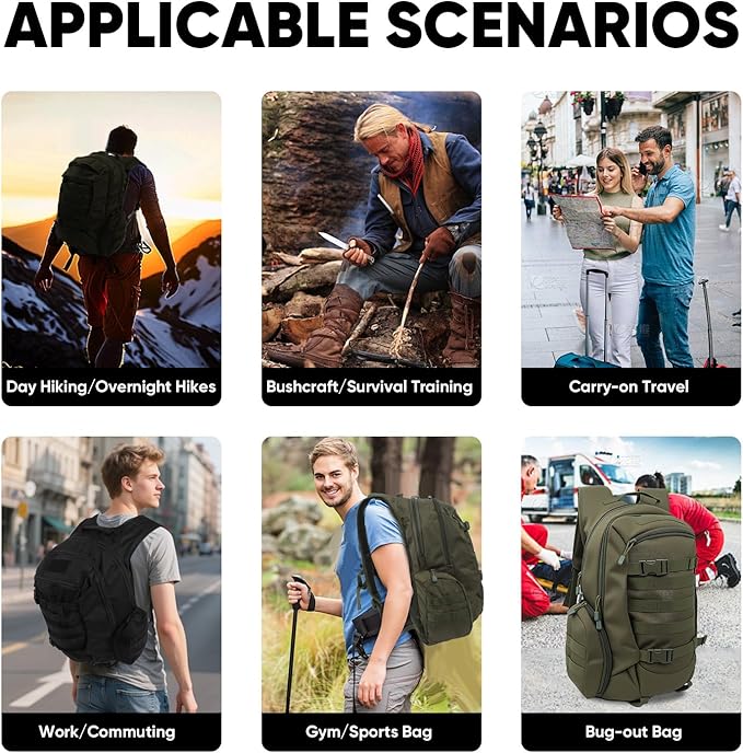 35L Tactical Backpack for Men, MOLLE Military Bug Out Bag, Waterproof Rucksack for Hiking with Hydration Port Army Green