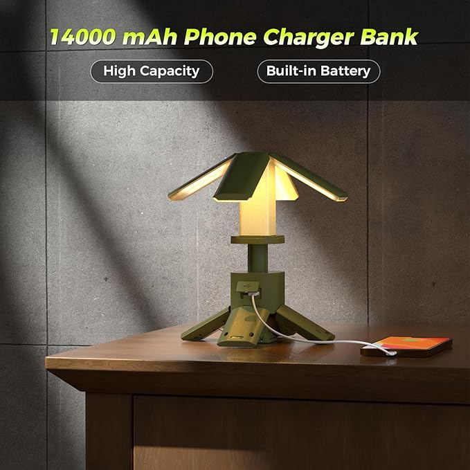 Telescopic Camping Lights Rechargeable 14000 mAh Led Multifunction Magnetic Lanterns Job Site Lighting Cordless Dimmable Camping Tent Lamp Portable Power Supply 6000LM IPX5 Waterproof (Green)