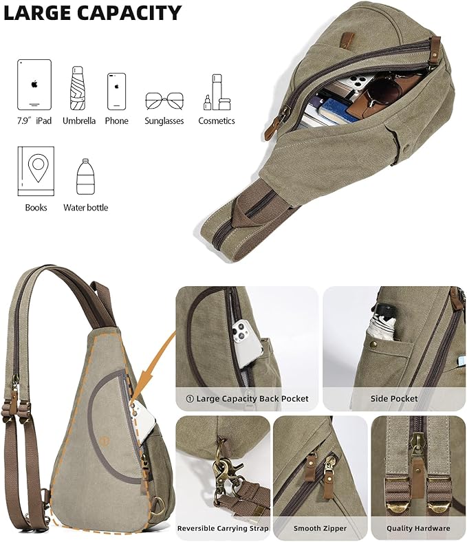 KL928 Canvas Sling Bag - Small Crossbody Backpack Shoulder Casual Daypack Rucksack for Men Women(Large Version)