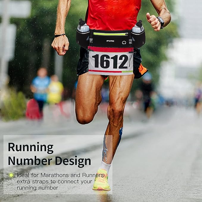 PYFK Running Belt with Water Bottles, Hydration Belt for Men and Women, Water Bottle Holder Running Pouch Water Belt, Fanny Pack Fits 7 inches Phones, Waist pack for Runner Jogging