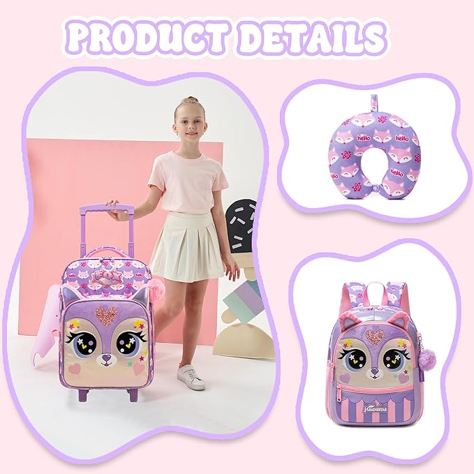 Kids Carry On Luggage with Wheels Softside Kids Suitcase for Girls Airline Approved & Girls Multi-function Carry Bag 4pcs Set