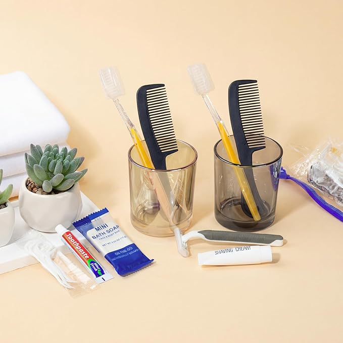 10 Sets Personal Hygiene Kit Bulk,Yellow Basic Travel Toiletry Supplies Disposable Toothbrushes with Toothpaste Floss Comb Soap Cover and Razors Set for Homeless,Guests,Church