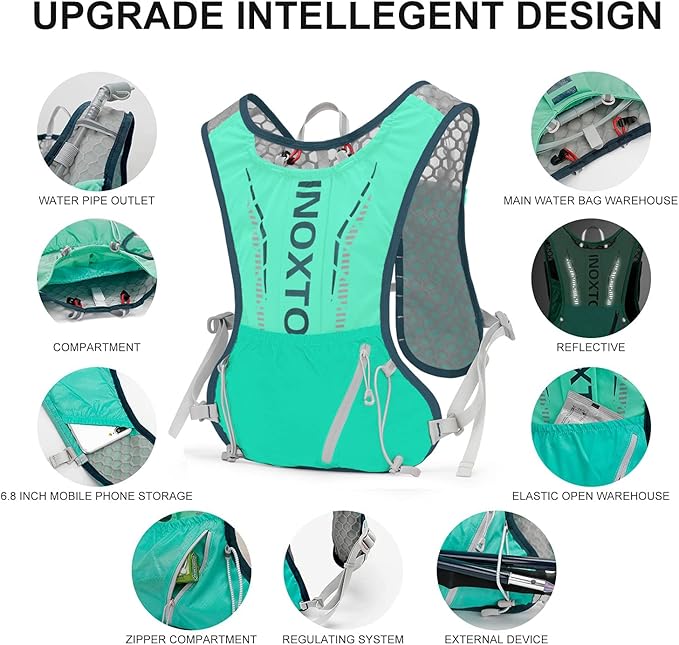 INOXTO Hydration Vest Backpack,Lightweight Water Running Vest Pack with 1.5L Water Bladder Bag Daypack for Hiking Trail Running Cycling Race Marathon for Women Men
