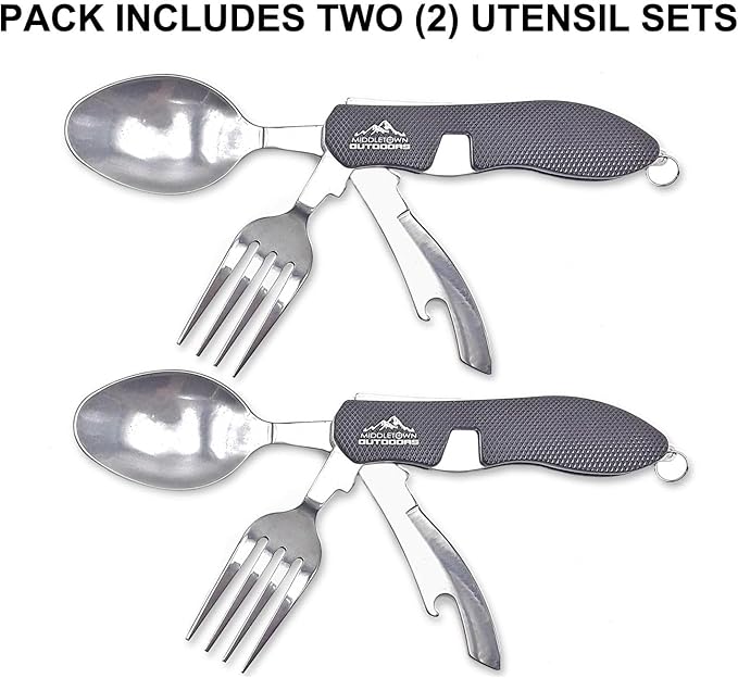 2Pcs Camping Flatware Foldable Utensils Detachable Portable and Versatile Stainless Steel Knife Fork Spoon and Bottle Opener Compact Outdoors Cutlery Pocket Knife Style - 2/pk (Blue)