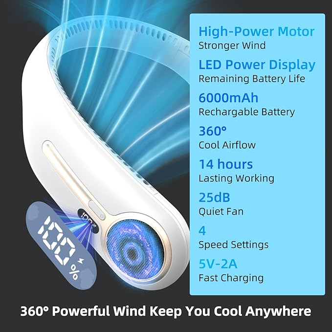 Portable Neck Fan,Hands Free Personal Wearable Bladeless Fan,6000mAh USB Rechargeable,360° Cooling,LED Display,4-Speeds,Birthday Gifts for Men Women Dad Mom,Outdoor Indoor Travel Camping (White)
