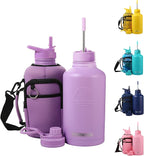 64 Oz Insulated Water Bottle with Strap Stainless Steel Sports Water Bottle with 3 Lids (Straw, Chug and Flip Lid) Leak Proof Metal Half Gallon Jug for Men & Women - Lavender
