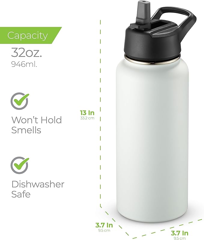 SipX™ Triple-Insulated Stainless Steel Water Bottle 32oz. With 3 Lids, BPA-Free Reusable Insulated Water Bottle Keeps Cold 24 Hours, Metal Water Bottle Made Of Sustainable Material For Hiking & Biking