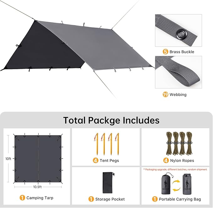 FREE SOLDIER Waterproof Portable Tarp Multifunctional Outdoor Camping Traveling Awning Backpacking Tarp for Shelter Rain (Gray 10×10.5ft)