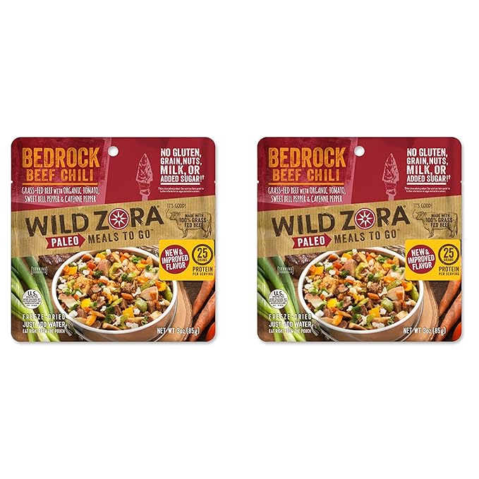 Wild Zora Paleo Freeze Dried Meals for Backpacking & Camping - Healthy Gluten Free & Grain Free Camping Meals/Backpacking Food + No Added Sugar - Great for Travel (Bedrock Beef Chili 2-pack)