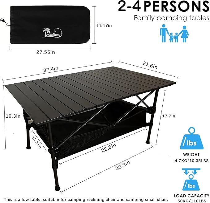 LEADALLWAY Folding Camping Table Low Picnic Table with Large Storage and Carrying Bags,37.4×21.65×19.69inchs